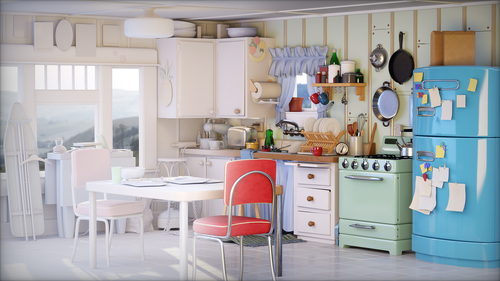 Image of iconic OpenUSD scene &ldquo;the Pixar kitchen&rdquo; from clay render (left) to full-render (right). 
